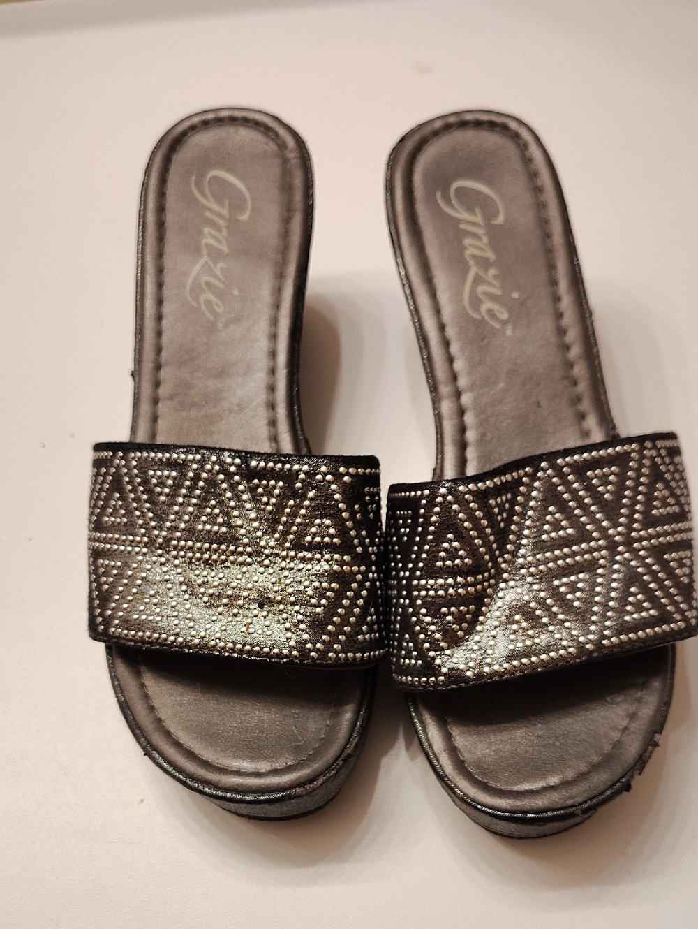 Grazie Metallic Gray Slide Sandals with Studded Geometric Strap